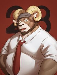  1boy absurdres animal_ears bara beard belly birthday carl_hendricks character_age echo_(visual_novel) echo_project english_commentary facial_hair fat furry furry_male green_eyes highres horns looking_at_viewer male_focus necktie open_mouth red_background red_necktie sheep_boy sheep_ears sheep_horns shibacream shirt sleeves_rolled_up smile white_shirt 