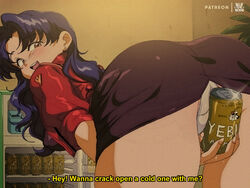  1980s_(style) artist_name ass beer_can black_skirt bluethebone breasts brown_eyes can commentary cropped_jacket drink_can earrings english_commentary english_text female holding holding_can indoors jacket jewelry katsuragi_misato large_breasts leaning_forward long_hair miniskirt neon_genesis_evangelion open_mouth paid_reward_available panties pantyshot patreon_username purple_hair red_jacket refrigerator retro_artstyle short_sleeves skirt solo subtitled underwear white_panties 