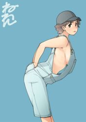  baseball_cap blue_background blue_theme breasts brown_eyes brown_hair commentary_request female hands_in_pockets hat looking_at_viewer naked_overalls neone no_bra original overall_shorts overalls short_hair sideboob simple_background solo standing tongue tongue_out 