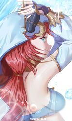  aqua_eyes arms_up artist_name breasts closed_mouth detached_sleeves fake_horns female from_side genshin_impact harem_outfit highres horns long_sleeves looking_at_viewer medium_breasts mixed-language_commentary nilou_(genshin_impact) nocta_felis puffy_long_sleeves puffy_sleeves red_hair smile solo upper_body 