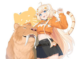  belt black_belt black_skirt blue_eyes closed_eyes crop_top cropped_hoodie english_commentary eyebrows_hidden_by_hair fangs female fikkyun highres hood hoodie long_hair luvdia open_mouth orange_hoodie sabretooth_tiger shabel_tonya sharp_teeth skin_fangs skirt smile solo tail teeth tiger_girl tiger_hair_ornament tiger_tail two_side_up very_long_hair virtual_youtuber white_background 