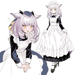  :d ? alternate_costume apron apron_hold arknights black_dress black_footwear blush bright_pupils check_commentary closed_mouth commentary_request dress enmaided female full_body grey_hair high_heels highres long_hair long_sleeves looking_at_viewer maid maid_headdress multiple_views open_mouth owl_ears own_hands_together ptilopsis_(arknights) simple_background smile standing veil white_apron white_background white_hair white_legwear yellow_eyes yuhiko_(unayuhi) 