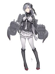  anchor_symbol bad_id bad_twitter_id black_headband black_sailor_collar bodysuit chou-10cm-hou-chan_(suzutsuki&#039;s) clothes_writing commentary contrapposto dress female full_body grey_hair grey_jacket hachimaki headband highres jacket jacket_on_shoulders kantai_collection knt02142769 long_hair looking_at_viewer machinery neckerchief one_side_up pleated_dress sailor_collar simple_background skirt solo suzutsuki_(kancolle) symbol-only_commentary white_background white_bodysuit white_headband white_neckerchief white_skirt 