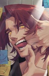  1boy casual close-up contemporary finger_in_own_mouth hel0205 highres long_sideburns looking_at_viewer male_focus medium_hair parted_bangs red_hair short_hair sideburns solo teeth thick_eyebrows tonbokiri_(touken_ranbu) tongue tongue_out touken_ranbu yellow_eyes 