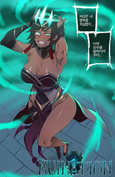  armpits arms_up bare_shoulders black_hair blush breasts brick_floor cleavage clenched_teeth crown dark-skinned_female dark_skin drooling female floating furrowed_brow green_eyes highres karma_(league_of_legends) korean_commentary korean_text large_breasts league_of_legends mind_control open_mouth ratatatat74 ruined_(league_of_legends) ruined_karma short_hair solo sweat teeth thighs translation_request 