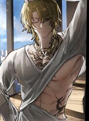  1boy abs arm_up blonde_hair chest_tattoo closed_mouth clothes_lift commentary day expressionless hair_between_eyes highres indoors jewelry jieli long_sleeves looking_at_viewer luca_kaneshiro luca_kaneshiro_(3rd_costume) male_focus medium_hair necklace nijisanji nijisanji_en official_alternate_costume one_eye_closed parted_bangs pectorals purple_eyes shadow shirt shirt_lift sidelocks solo tattoo v-neck virtual_youtuber white_shirt window wooden_floor 