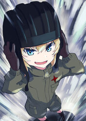  absurdres adjusting_clothes adjusting_headwear aura black_footwear black_gloves black_headwear blonde_hair blue_eyes boots commentary dated female foreshortening girls_und_panzer gloves green_jumpsuit helmet highres insignia jumpsuit katyusha_(girls_und_panzer) long_sleeves looking_at_viewer oerba_yun_fang open_mouth oritako pravda_military_uniform short_hair short_jumpsuit smirk solo standing tank_helmet 