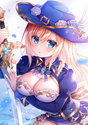  :o blonde_hair blue_bow blue_eyes blue_flower blue_hat blue_jacket blue_rose blue_skirt blush bow breasts cleavage commentary_request copyright_request feathers female flower hair_between_eyes hat hat_feather hat_flower highres holding holding_sword holding_weapon jacket juliet_sleeves long_hair long_sleeves medium_breasts melonbooks mitsuba_choco official_art original parted_lips puffy_sleeves rose skirt solo striped striped_bow sword very_long_hair weapon white_feathers white_flower white_rose 