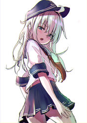  adapted_costume alternate_sleeve_length anchor_symbol black_sailor_collar black_skirt blue_eyes commentary_request cowboy_shot female hibiki_(kancolle) highres kantai_collection long_hair neckerchief pleated_skirt red_neckerchief sailor_collar school_uniform shirt short_sleeves simple_background skirt solo standing taisho_(gumiyuki) white_background white_hair white_shirt 