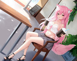  ahoge animal_ear_fluff animal_ears bare_legs bare_shoulders belt bra breasts camisole chair cleavage crop_top crop_top_overhang cup disposable_cup dutch_angle feet female fox_ears fox_girl fox_tail grey_skirt hair_ornament hairclip highleg highres holding indoors large_breasts legs long_hair looking_at_viewer midriff miniskirt navel on_chair open_mouth original panty_straps pink_bra pink_hair pleated_skirt sandals see-through shenqi_(toid310) shirt sitting skindentation skirt sleeveless sleeveless_shirt smile solo spaghetti_strap stomach strapless strapless_bra strappy_heels table tail thighs toes underwear very_long_hair white_shirt yellow_eyes 