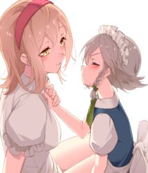  2girls age_difference aged_down alice_margatroid apron bad_id bad_twitter_id blonde_hair blush braid closed_eyes grey_hair hair_ribbon headband imminent_kiss izayoi_sakuya looking_at_another maid_apron maid_headdress medium_hair multiple_girls ribbon soku_(bluerule-graypray) touhou twin_braids waiting_for_kiss yellow_eyes yuri 