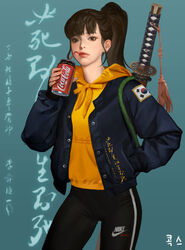  aqua_background artist_name black_eyes black_hair blue_jacket blunt_bangs can casual coca-cola commentary contemporary drink drinking drinking_straw english_commentary female genderswap_(mtf) green_rope hand_in_pocket high_ponytail hilt holding holding_can holding_drink hood hood_down hoodie jacket kogseu korean_text lips lipstick long_hair looking_at_viewer makeup nike_(company) open_clothes open_jacket over_shoulder pants partially_translated patch ponytail real_life rope rule_63 sheath sidelocks signature solo south_korean_flag standing sword sword_over_shoulder track_pants translation_request weapon weapon_over_shoulder yellow_hoodie yi_sun-sin 