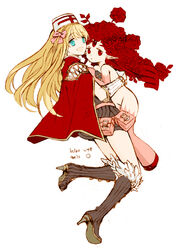  2girls belt blonde_hair blue_eyes boots bow breasts brown_dress brown_footwear cape commentary_request creator_(ragnarok_online) cross dress flower full_body fur-trimmed_footwear fur_trim gloves hairbow hat hug kusabi_(aighe) lif_(ragnarok_online) long_hair looking_at_viewer looking_to_the_side monster_girl multiple_girls nurse_cap open_mouth pink_belt pink_bow plant_girl plant_hair pointy_ears pouch ragnarok_online red_cape red_cross red_eyes red_flower red_hair red_rose rose short_dress simple_background small_breasts smile white_background white_gloves white_headwear 