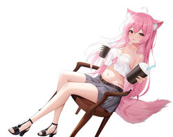  ahoge animal_ear_fluff animal_ears bare_legs bare_shoulders belt bra breasts camisole chair chinese_commentary cleavage commentary_request crop_top crop_top_overhang cup disposable_cup dutch_angle feet female fox_ears fox_girl fox_tail grey_skirt hair_ornament hairclip highleg highres holding large_breasts legs long_hair looking_at_viewer midriff miniskirt navel on_chair open_mouth original panty_straps partial_commentary pink_bra pink_hair pleated_skirt sandals see-through shenqi_(toid310) shirt simple_background sitting skindentation skirt sleeveless sleeveless_shirt smile solo spaghetti_strap stomach strapless strapless_bra strappy_heels tail thighs toes underwear very_long_hair white_background white_shirt yellow_eyes 