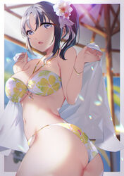  absurdres ass beach_umbrella bikini border bracelet breasts cleavage commentary_request female floral_print flower hair_flower hair_ornament halterneck highres jewelry kazuno_sarah lens_flare light_rays looking_at_viewer love_live! love_live!_sunshine!! medium_breasts navel open_mouth ponytail print_bikini purple_eyes purple_hair sidelocks string_bikini swimsuit towel twisted_torso umbrella underboob white_bikini yamaori_(yamaorimon) 