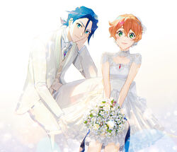  1boy absurdres blue_eyes blue_hair blue_ribbon blush bouquet breasts collared_shirt dress female flower formal freyja_wion green_eyes hair_behind_ear hair_between_eyes hair_ornament hand_on_own_face hayate_immelmann heart heart_hair_ornament highres holding holding_bouquet jacket looking_at_viewer macross macross_delta mosako necktie orange_hair pants ribbon shirt shoes sitting small_breasts smile straight suit tied_hair white_dress white_flower white_footwear white_jacket white_necktie white_pants white_shirt white_suit 