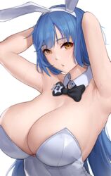  absurdres animal_ears armpit_crease armpits arms_behind_head arms_up bare_shoulders black_bow black_bowtie blue_hair bow bowtie breasts cleavage collarbone commentary commission detached_collar female girls&#039;_frontline highres large_breasts leotard long_hair looking_at_viewer md5_mismatch official_alternate_costume pixiv_commission playboy_bunny rabbit_ears shikube solo strapless strapless_leotard sweat tar-21_(girls&#039;_frontline) tar-21_(night_at_the_bar)_(girls&#039;_frontline) very_long_hair white_leotard yellow_eyes 