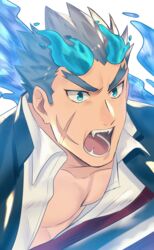  1boy abs bara blue_eyes cross_scar fangs fiery_horns forked_eyebrows gakuran hair_slicked_back highres horns kihane_atsusane male_focus open_clothes open_mouth open_shirt pectoral_cleavage pectorals sakimori_toji scar scar_on_cheek scar_on_face school_uniform short_hair solo thick_eyebrows tokyo_afterschool_summoners toned toned_male upper_body 