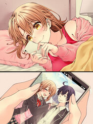  :d ^_^ bangs bed_sheet black_hair black_jacket blush brown_hair cardigan cellphone closed_eyes closed_mouth collarbone collared_shirt couple dress_shirt eyebrows_visible_through_hair female hair_between_eyes hands_on_another&#039;s_shoulder highres hikigaya_hachiman holding holding_phone isshiki_iroha jacket long_hair long_sleeves looking_at_another lying neck_ribbon on_side open_clothes open_jacket phone pillow pink_cardigan pink_jacket pleated_skirt red_hayao red_ribbon red_shirt ribbon shiny shiny_hair shirt short_hair skirt sleeveless sleeveless_shirt smartphone smile split_screen under_covers white_shirt wing_collar yahari_ore_no_seishun_lovecome_wa_machigatteiru. yellow_eyes 