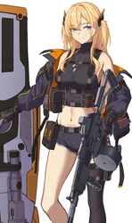  3_small_spiders assault_rifle belt_pouch black_gloves black_jacket black_shirt black_shorts black_thighhighs blonde_hair blue_eyes commentary_request commission crop_top dog_tags female gloves gun highres holding holding_gun holding_shield holding_weapon jacket linea_alba long_hair looking_at_viewer midriff navel off_shoulder original pouch rifle shield shirt shorts single_thighhigh skeb_commission sleeveless sleeveless_turtleneck smile solo standing tactical_clothes thigh_strap thighhighs tower_shield turtleneck two_side_up vepr-12 weapon 