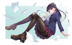  absurdres black_eyes black_hair black_pantyhose blue_jacket blush bow bowtie brown_pantyhose closed_mouth collared_shirt female floating floating_hair highres holding holding_paper itan_private_high_school_uniform jacket knees_up komi-san_wa_komyushou_desu komi_shouko loafers long_hair long_sleeves looking_at_viewer panties panty_peek pantyhose pantyshot paper papers pleated_skirt qome red_bow red_bowtie red_skirt school_uniform shirt shoes skirt solo striped_bow striped_clothes striped_skirt thighs underwear upskirt white_shirt 