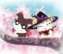  2girls animal animal_ears arm_up bad_id bad_pixiv_id black_eyes black_headwear blue_sky blush bow branch brown_eyes cherry_blossoms closed_eyes closed_mouth colored_skin dark_skin frills gohei hakurei_reimu hamster_tail hamtaro_(series) hand_up hat hat_bow highres kirisame_marisa looking_at_viewer multiple_girls open_mouth parody purple_bow red_bow red_scarf remyfive scarf sitting sky smile star_(symbol) tail touhou tree white_skin witch_hat yellow_skin 