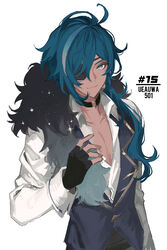  1boy alternate_costume artist_name bishounen black_choker black_gloves blue_hair choker closed_mouth dark-skinned_male dark_skin fingerless_gloves genshin_impact gloves grey_eyes hair_between_eyes highres kaeya_(genshin_impact) long_hair long_sleeves looking_at_viewer male_focus multicolored_hair shirt simple_background solo sparkle streaked_hair ueauwa upper_body vest white_background white_shirt 