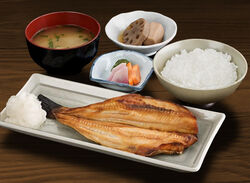  bowl carrot commentary fish fish_(food) food food_focus lotus_root mackerel_(fish) meat miso_soup no_humans original plate realistic rice saucer seafood soup still_life toshi_(hokkaido2015) 