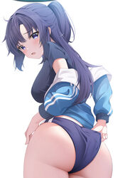  absurdres adjusting_buruma adjusting_clothes ass blue_archive blush buruma female from_behind gym_uniform halo highres jacket long_hair looking_back official_alternate_costume open_mouth ponytail purple_eyes purple_hair rei_(ilust9999) solo sweat track_jacket yuuka_(blue_archive) yuuka_(track)_(blue_archive) 