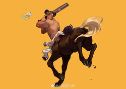  1boy absurdres bara baseball baseball_bat baseball_cap baseball_uniform centaur clothes_around_waist dark-skinned_male dark_skin facial_hair goatee hat highres horse_tail jacket jacket_around_waist male_focus monster_boy muscular muscular_male nude original pectorals running short_hair sideburns solo sportswear tail tan tanlines taur weibo_logo weibo_watermark xiaolumiaoliya 