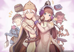  &gt;_&lt; 2boys :3 ^^^ armor axe belt black_thighhighs blonde_hair blue_eyes blush brown_belt brown_hair chainmail cheek_pinching cigarette closed_mouth commentary cowboy_shot deviantart_username dress elder_willow_(ragnarok_online) female flower garter_straps hair_flower hair_ornament headdress high_orc_(ragnarok_online) holding holding_axe holding_sword holding_weapon jewelry juliet_sleeves knight_(ragnarok_online) kunknee long_hair long_sleeves looking_at_viewer mimic mimic_(ragnarok_online) mimic_chest multiple_boys mushroom necklace nisekoi notice_lines open_mouth orc parody pinching priest_(ragnarok_online) puffy_sleeves purple_flower ragnarok_online raydric red_eyes rideword_(ragnarok_online) shit short_hair spore_(ragnarok_online) star_(symbol) sword tabard thighhighs weapon white_background white_dress white_hair 