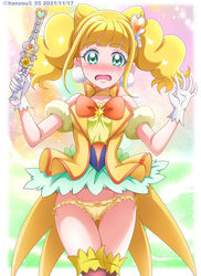  arm_scrunchie blonde_hair blunt_bangs blush bow bow_panties bowtie choker collarbone cone_hair_bun cowboy_shot cure_sparkle earrings embarrassed female gloves green_eyes hair_bun hanzou healin&#039;_good_precure highres hiramitsu_hinata holding jewelry long_hair looking_at_viewer lowleg lowleg_panties open_mouth orange_bow orange_bowtie panties precure side-tie_panties solo standing thigh_gap twintails underwear wavy_mouth white_gloves yellow_choker yellow_panties 