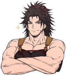  1boy bara bare_arms bare_shoulders beard brown_eyes cropped_torso cross_scar crossed_arms facial_hair final_fantasy final_fantasy_xiv hien_rijin highres hyur light_blush long_hair looking_at_viewer male_focus mature_male muscular muscular_male overalls pectoral_cleavage pectorals scar scar_on_face scar_on_forehead smile solo sparkle zanki 