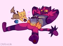  anthro boil boiling_water croquiek duo featureless_crotch fire generation_1_pokemon generation_7_pokemon hi_res incineroar kettle lying male muscular muscular_male nintendo on_back pikachu pokemon pokemon_(species) simple_background tail white_background yellow_body 