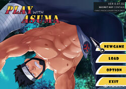  1boy abs ass bara beard black_hair clothing_aside english_text facial_hair feet_out_of_frame forehead_protector from_below gameplay_mechanics konohagakure_symbol large_pectorals looking_at_viewer male_focus masayoshi_togashi_(alu379) mature_male muscular muscular_male naruto_(series) navel nipples paid_reward_available pectorals pelvic_curtain pelvic_curtain_aside sarutobi_asuma shiny_skin short_hair solo stomach thighs topless_male upside-down 