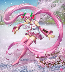  alternate_color blue_sky boots cherry_blossoms cherry_hair_ornament collared_shirt commentary detached_sleeves female floating_hair flower food-themed_hair_ornament full_body hair_ornament hatsune_miku long_hair long_sleeves looking_at_viewer matataku necktie outdoors parted_lips petals pink_eyes pink_flower pink_footwear pink_nails pink_necktie pink_skirt pink_sleeves plant pleated_skirt sakura_miku shadow shirt skirt sky sleeveless sleeveless_shirt smile solo standing surprised_cat_(matataku) thigh_boots thighhighs tree twintails very_long_hair vocaloid white_shirt zettai_ryouiki 