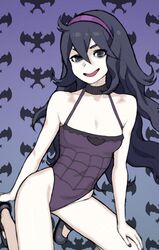  @_@ adapted_costume ahoge bare_arms black_footwear black_hair commentary curly_hair female hair_between_eyes hairband hex_maniac_(pokemon) kneeling leotard long_hair looking_at_viewer nail_polish open_mouth pokemon pokemon_xy purple_background purple_hairband purple_leotard purple_nails shoes smile solo wabaki 