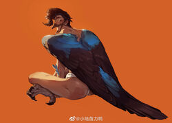  1boy ass beak bird_mask blush brown_hair crossed_legs feathered_wings feathers fundoshi harpy_boy highres japanese_clothes looking_at_viewer male_focus mask monster_boy original pompadour short_hair sideburns sitting solo talons topless_male underwear underwear_only weibo_logo weibo_watermark winged_arms wings xiaolumiaoliya 