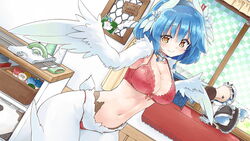  artist_request bird_legs bird_tail blue_hair blush breasts dodo_(bird) feathers female flower game_cg hair_between_eyes hair_flower hair_ornament hairband harpy indoors large_breasts lea_(monster_musume) looking_at_viewer midriff monster_girl monster_musume_no_iru_nichijou monster_musume_no_iru_nichijou_online navel official_art panties photo_(object) pink_panties short_hair short_tail solo stuffed_animal stuffed_toy tail underwear white_feathers white_flower white_wings wide_hips winged_arms wings yarn_bobbin yellow_eyes 