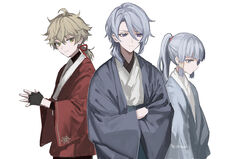  2boys alternate_costume bishounen black_gloves blonde_hair blue_hair closed_mouth crossed_arms female fingerless_gloves genshin_impact gloves green_eyes grey_eyes grey_hair japanese_clothes kamisato_ayaka kamisato_ayato long_hair long_sleeves mole mole_under_mouth multiple_boys own_hands_together ponytail simple_background thoma_(genshin_impact) twitter_username ueauwa white_background wide_sleeves 