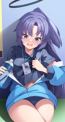  black_shirt blue_archive blue_buruma blue_eyes blue_jacket blush bottle buruma cowboy_shot female halo highres holding holding_bottle id_card jacket lanyard long_hair long_sleeves mechanical_halo mofu_namako official_alternate_costume open_mouth partially_unzipped ponytail purple_hair shirt short_sleeves solo thighs track_jacket water_bottle yuuka_(blue_archive) yuuka_(track)_(blue_archive) 