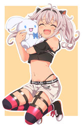  :d ^_^ absurdres antenna_hair bare_shoulders belt black_shirt closed_eyes clothing_cutout crop_top female flat_chest grey_hair hairband highleg highres hugging_doll hugging_object karahai_(31448823) long_hair matsukai_mao matsukai_mao_(1st_costume) midriff navel nijisanji oerba_yun_fang open_mouth petite shirt shoes short_shorts short_sleeves shorts shoulder_cutout smile solo stomach striped_clothes striped_thighhighs stuffed_animal stuffed_rabbit stuffed_toy thigh_strap thighhighs twintails virtual_youtuber white_shorts 