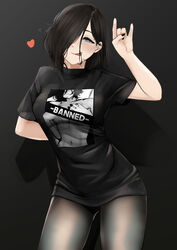  :p :q \m/ absurdres arm_behind_back arm_up bar_censor black_background black_hair black_nails black_pantyhose blush censored closed_mouth clothes_writing commentary cowboy_shot english_commentary eyebrows_hidden_by_hair female grey_eyes hair_over_one_eye heart highres kamura_(rain_prophet) long_bangs mole mole_above_eye mole_under_mouth nail_polish original pantyhose print_shirt pupi_(rain_prophet) shadow shirt short_hair short_sleeves simple_background solo standing t-shirt tongue tongue_out 