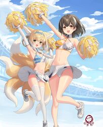  2girls :d absurdres animal_ears arknights armpits arms_up blue_archive blue_hairband blue_sky blue_sports_bra braid breasts brown_hair cheerleader cleavage cosplay detached_collar detached_sleeves doctor_(arknights) doodle_sensei_(blue_archive) elbow_gloves fox_ears fox_girl fox_tail full_body gloves hairband highres kitsune looking_at_viewer magallan_(arknights) medium_breasts medium_hair midriff millennium_cheerleader_outfit_(blue_archive) multicolored_hair multiple_girls multiple_tails navel open_mouth orange_sports_bra outdoors outstretched_arm panties pantyshot pom_pom_(cheerleading) sensei_(blue_archive) shoes sigm@ skirt sky small_breasts smile sports_bra standing standing_on_one_leg stomach streaked_hair suzuran_(arknights) tail thighhighs underwear upskirt white_footwear white_gloves white_hair white_panties white_skirt white_sports_bra white_thighhighs 