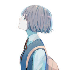  absurdres backpack bag blue_sweater_vest closed_mouth collared_shirt commentary_request female from_side grey_eyes grey_hair hagimorijia highres neck_ribbon original profile red_ribbon ribbon school_uniform shirt short_hair simple_background solo sweater_vest upper_body white_background white_shirt 