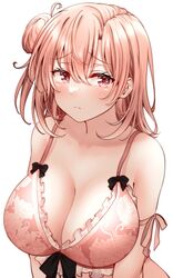  alternate_costume bra breasts cleavage closed_mouth collarbone female hair_bun highres lace-trimmed_bra lace_trim large_breasts pink_bra pink_eyes pink_hair red_hayao short_hair simple_background single_side_bun solo underwear upper_body white_background yahari_ore_no_seishun_lovecome_wa_machigatteiru. yuigahama_yui 