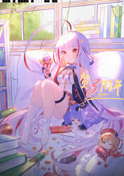  absurdly_long_hair absurdres ahoge azur_lane backlighting black_gloves book book_stack bookshelf breasts can candy character_doll chinese_commentary chips_(food) closed_mouth commentary_request drink_can female fingerless_gloves food gloves hair_ribbon highres huge_ahoge indoors knees_up lime_(azur_lane) long_hair meowfficer_(azur_lane) multicolored_hair naycot neck_ribbon no_shoes parfait pillow pocky potato_chips pringles pringles_can red_eyes red_hair ribbon sidelocks sitting sleeveless small_breasts snack socks soda_can solo southampton_(azur_lane) streaked_hair thigh_strap vauquelin_(azur_lane) very_long_hair white_hair white_socks window wrapped_candy 