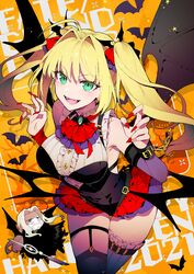  1boy ahoge alternate_costume asymmetrical_legwear asymmetrical_sleeves backless_dress backless_outfit bare_shoulders bat_wings beard blonde_hair bra_strap breasts center_frills chibi cover cover_page cowboy_shot crossed_legs detached_sleeves dress facial_hair fangs fate/grand_order fate_(series) female fingernails frills garter_straps green_eyes hair_between_eyes hair_intakes hands_up highres koshiro_itsuki large_breasts leaning_forward long_fingernails long_hair looking_at_viewer mismatched_legwear mismatched_sleeves neckerchief nero_claudius_(fate) nero_claudius_(fate/extra) open_mouth red_nails short_dress smile vlad_iii_(fate/apocrypha) wings 