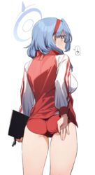  92m ? adjusting_buruma adjusting_clothes ako_(blue_archive) ako_(track)_(blue_archive) ass back blue_archive blue_eyes blue_hair blush breasts buruma clipboard commentary_request female hair_between_eyes hairband halo highres jacket large_breasts long_hair long_sleeves looking_at_viewer looking_back official_alternate_costume red_buruma red_jacket shirt solo track_jacket white_shirt white_sleeves 