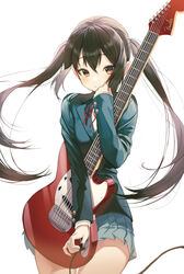  absurdres black_hair blazer blue_jacket brown_eyes cable commentary electric_guitar female fender_musical_instruments_corporation fender_mustang grey_skirt guitar highres holding holding_instrument instrument jacket k-on! long_hair long_sleeves looking_at_viewer miniskirt nakano_azusa pleated_skirt pro-p sakuragaoka_high_school_uniform school_uniform simple_background skirt smile solo symbol-only_commentary twintails white_background wing_collar winter_uniform 